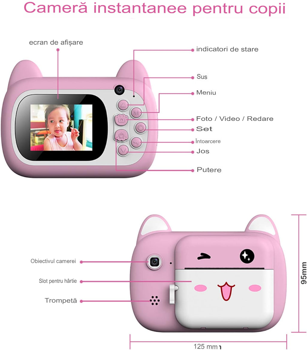 Set Camera Instantanee pentru Copii, Smart, Camera Selfie, Ecran HD 2.4'', 24MP, 1080P Video, 1200 mAh, cu Functie de Printare Alb-Negru, cablu USB-C, Bluetooth, Compatibil iOS/Android, Imprimare APP, Model Pisicia Emoji, Roz