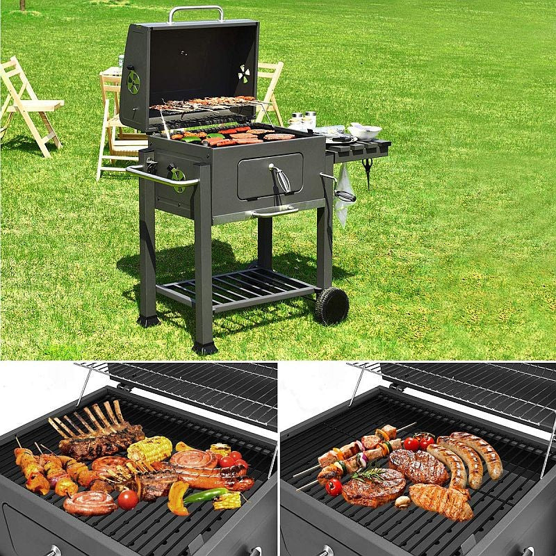 Gratar BBQ pe carbune, capac rabatabil cu termometru, roti transport, 115x46x106 cm, grill 61.5x46x51 cm