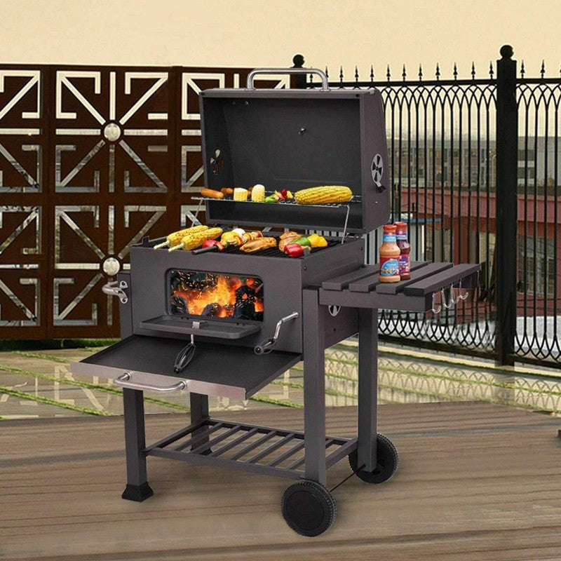 Gratar BBQ pe carbune, capac rabatabil cu termometru, roti transport, 115x46x106 cm, grill 61.5x46x51 cm