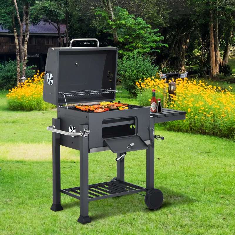 Gratar BBQ pe carbune, capac rabatabil cu termometru, roti transport, 115x46x106 cm, grill 61.5x46x51 cm
