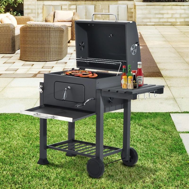 Gratar BBQ pe carbune, capac rabatabil cu termometru, roti transport, 115x46x106 cm, grill 61.5x46x51 cm