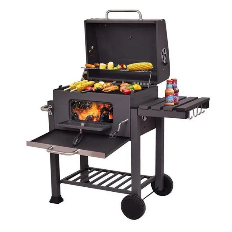 Gratar BBQ pe carbune, capac rabatabil cu termometru, roti transport, 115x46x106 cm, grill 61.5x46x51 cm