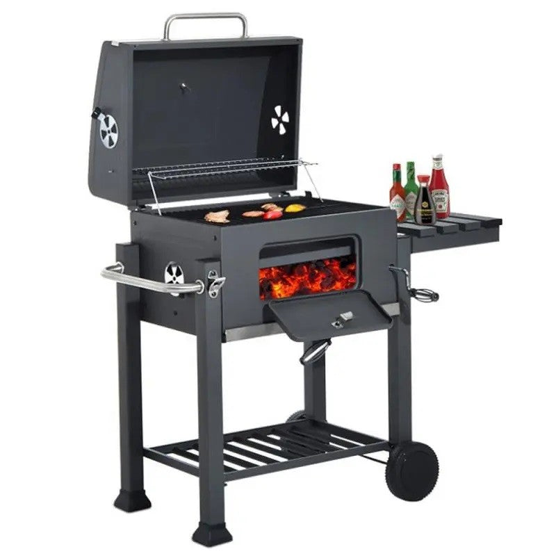 Gratar BBQ pe carbune, capac rabatabil cu termometru, roti transport, 115x46x106 cm, grill 61.5x46x51 cm