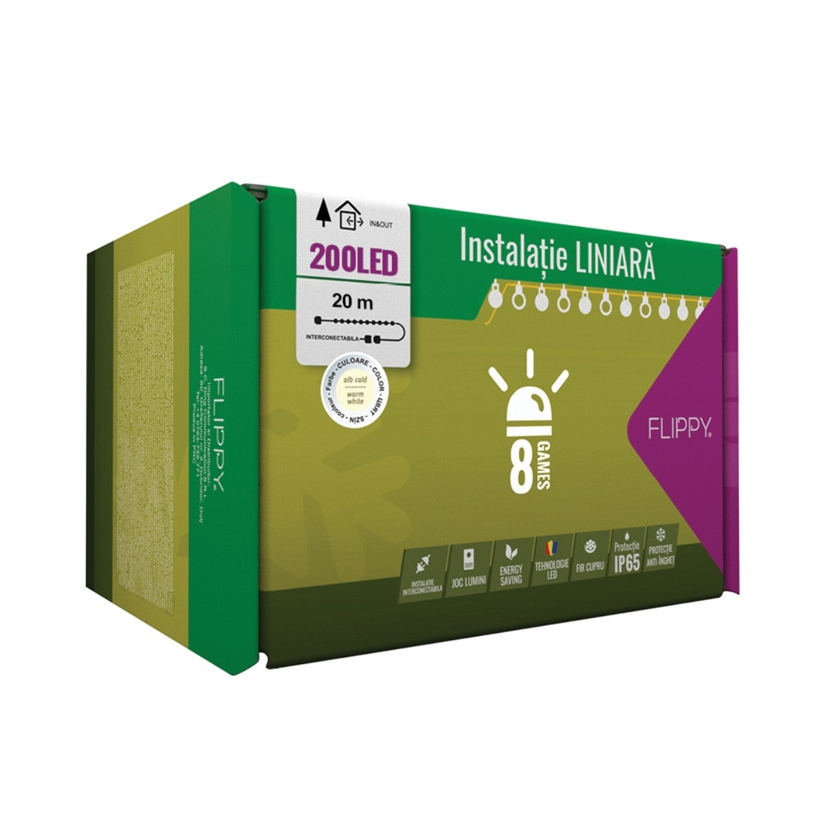 Instalatie Craciun Profesionala de Exterior IP65, 30 m, 300 Led-uri Mari ,Liniara, Alb cald, Interconectabila, Prelungitor 6.5 m inclus, Fir Negru, Smart
