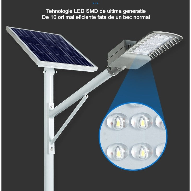 Lampa solara pentru strada sau gradina Smart, IP65, senzor de lumina, 100 LED-uri SMD, 3150 lm, 500W autonomie 12-16 ore, telecomanda, montare prin fixare, pentru strada sau gradina, finisaj mat, material ABS, 51.5 x 21 x 7.5, lumina alb rece, gri