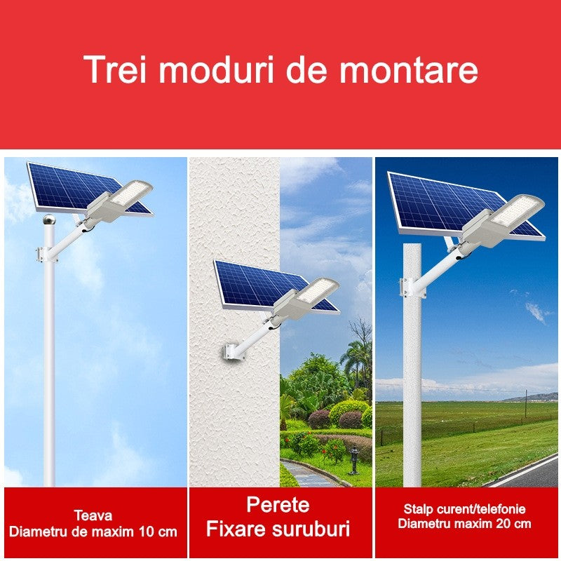 Lampa solara pentru strada sau gradina Smart, IP65, senzor de lumina, 100 LED-uri SMD, 3150 lm, 500W autonomie 12-16 ore, telecomanda, montare prin fixare, pentru strada sau gradina, finisaj mat, material ABS, 51.5 x 21 x 7.5, lumina alb rece, gri