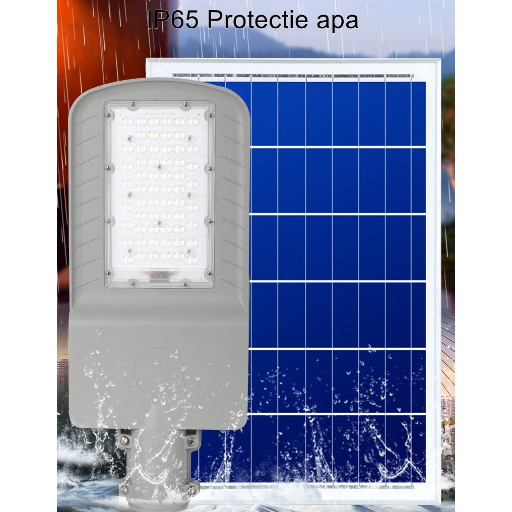 Lampa solara pentru strada sau gradina Smart, IP65, senzor de lumina, 100 LED-uri SMD, 3150 lm, 500W autonomie 12-16 ore, telecomanda, montare prin fixare, pentru strada sau gradina, finisaj mat, material ABS, 51.5 x 21 x 7.5, lumina alb rece, gri