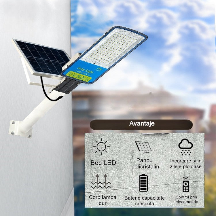 Lampa solara stradala Smart, IP66, senzor de lumina, 120 LED-uri SMD, 1800 lm, panou 20W, putere 100W, autonomie 12-16 ore, telecomanda, montare prin fixare, pentru strada sau gradina, finisaj mat, material ABS, 49 x 21 x 5.5 cm, gri (Copy)