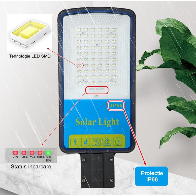 Lampa solara stradala Smart, IP66, senzor de lumina, 120 LED-uri SMD, 1800 lm, panou 20W, putere 100W, autonomie 12-16 ore, telecomanda, montare prin fixare, pentru strada sau gradina, finisaj mat, material ABS, 49 x 21 x 5.5 cm, gri (Copy)