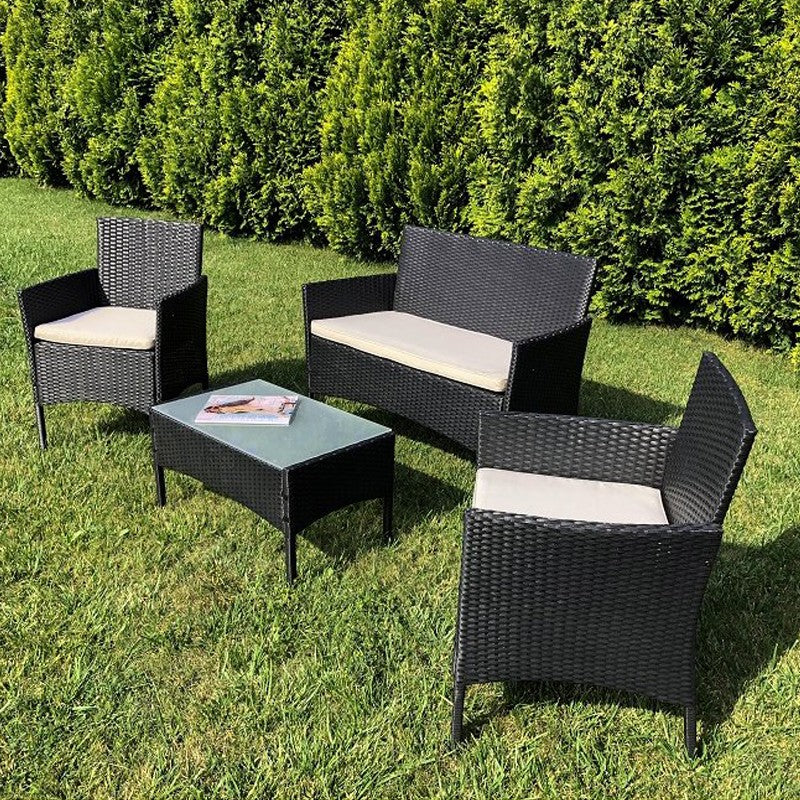 Set 4 piese mobilier gradina, fotolii, canapea, masuta cafea, perne, blat sticla, model ratan negru