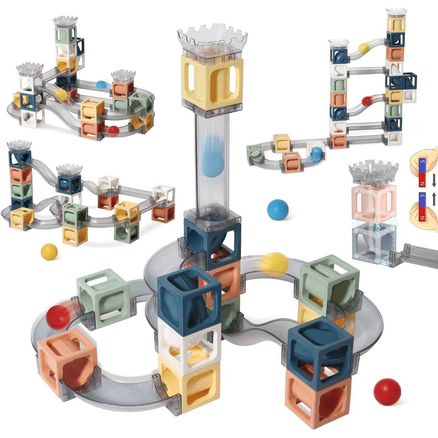 Set piese magnetice de constructie, Smart, Cu tobogane si bile, 41 piese, Multicolor