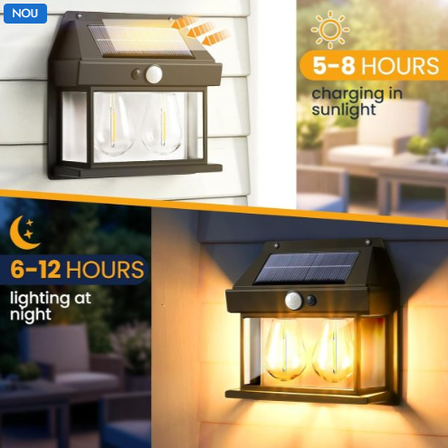 Lampă Solară de Perete cu Senzor de Lumină și Mișcare – Design Felinar cu 2 Becuri