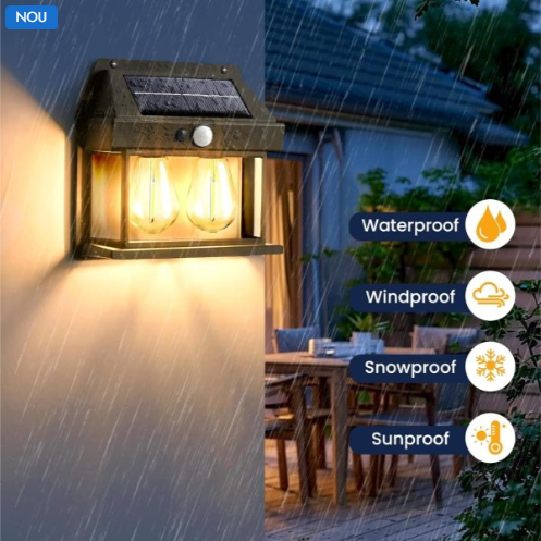 Lampă Solară de Perete cu Senzor de Lumină și Mișcare – Design Felinar cu 2 Becuri