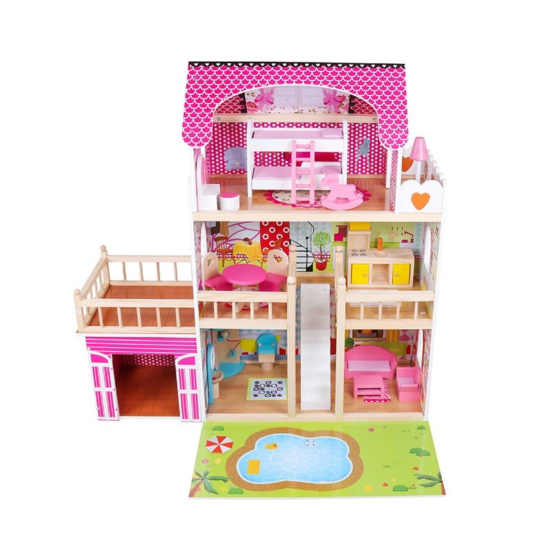 Casuta din lemn pentru papusi, 60x33x90 cm, iluminata LED, cu garaj, accesorii