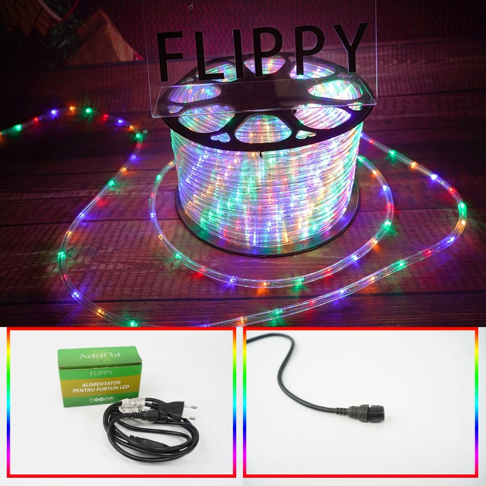 Instalatie Craciun, 100 m, 2400 Led-uri, Furtun Luminos, Multicolor, Transformator, 8 jocuri de lumini, Sectionabila, 220 V, Smart