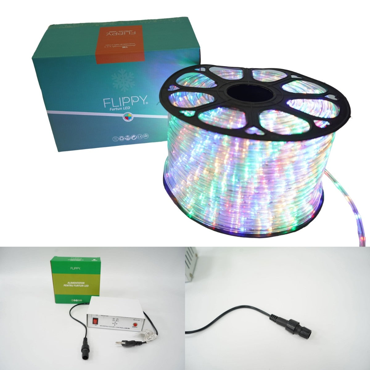 Instalatie Craciun, 100 m, 2400 Led-uri, Furtun Luminos, Multicolor, Transformator, 8 jocuri de lumini, Sectionabila, 220 V, Smart
