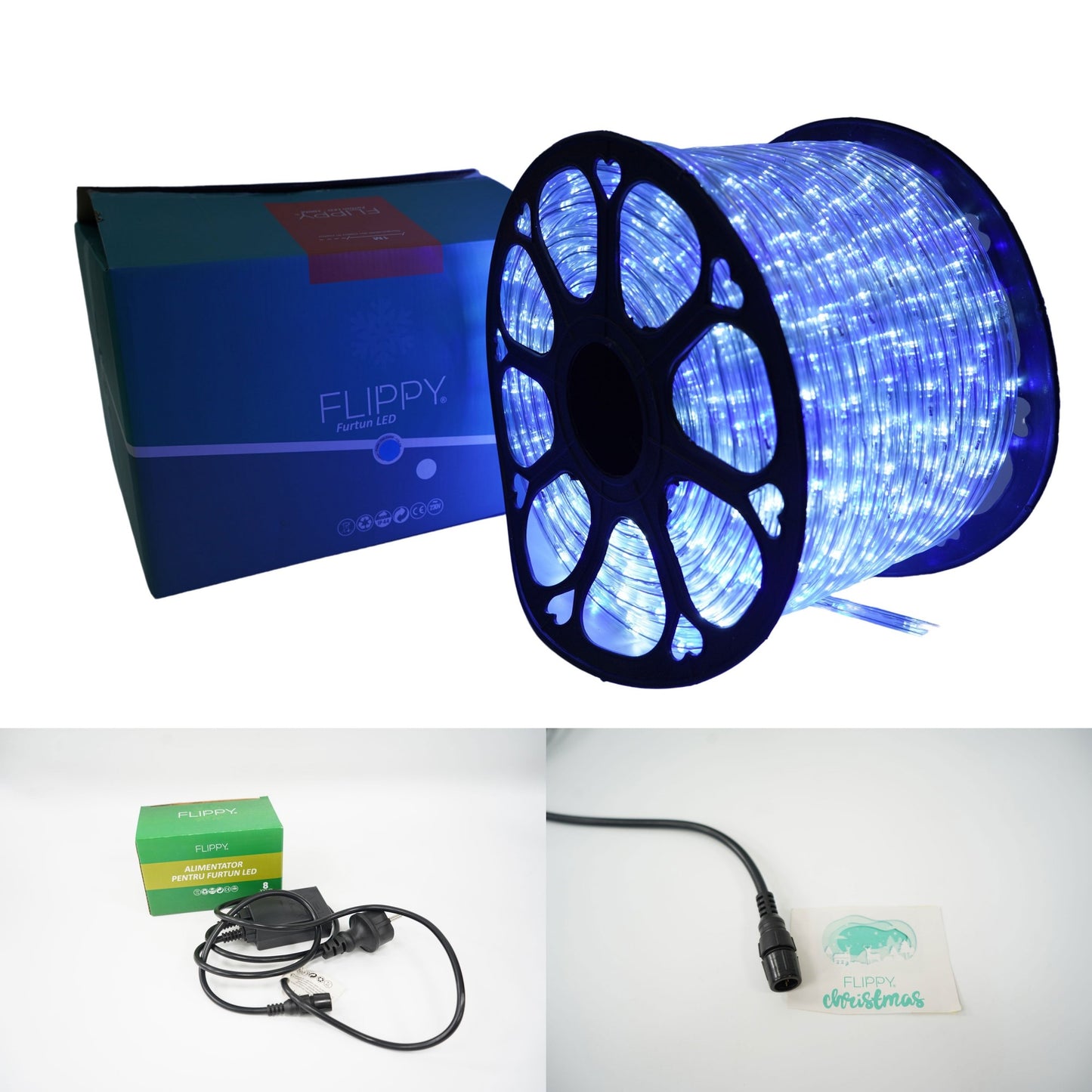 Instalatie Craciun, 50 m, 1200 Led-uri, Furtun Luminos, Alb rece/ Albastru, Transformator, 8 jocuri de lumini, Sectionabila, 220 V, Smart