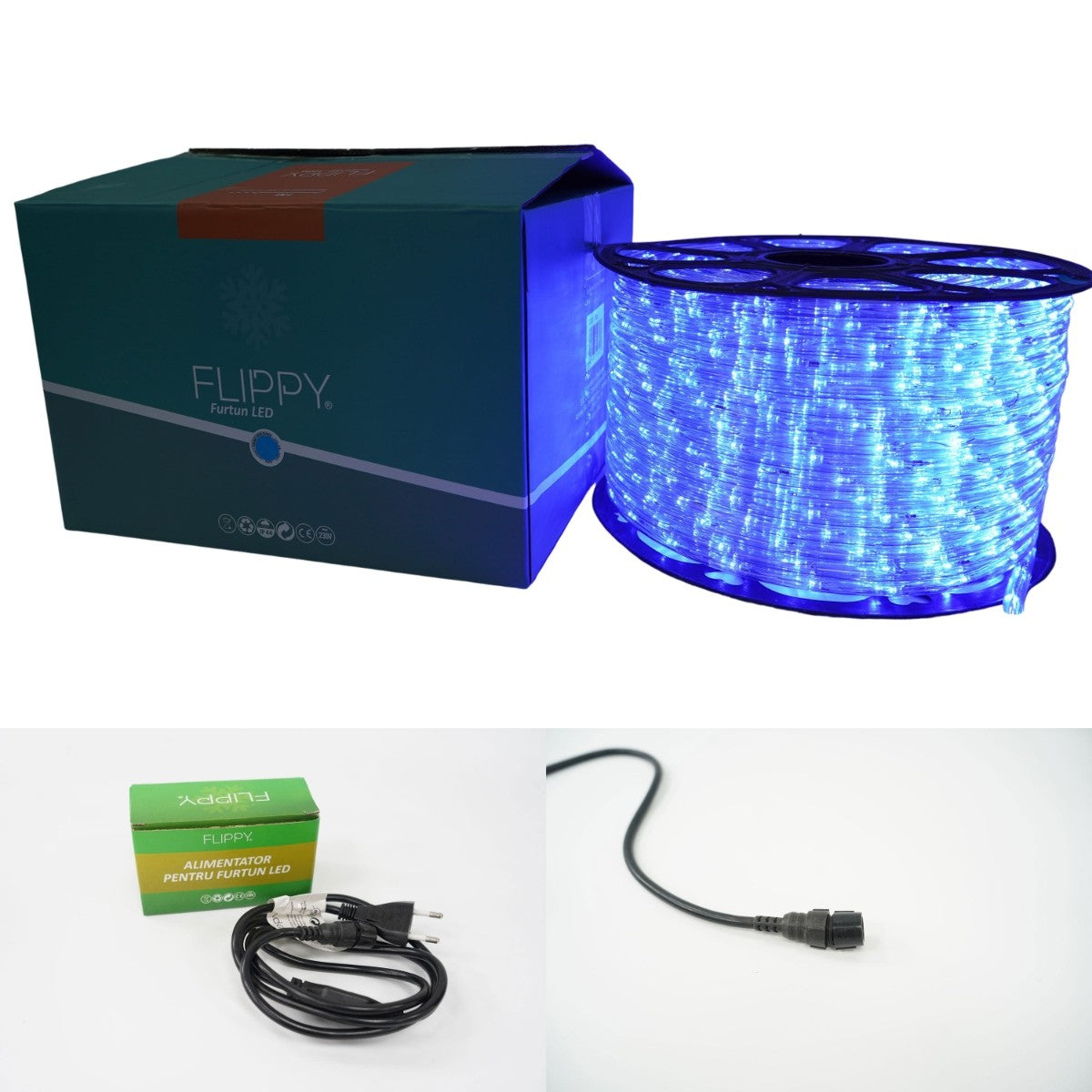 Instalatie Craciun, 50 m, 1200 Led-uri, Furtun Luminos, Albastru, Transformator, Sectionabila, 220 V, Smart (Copy)