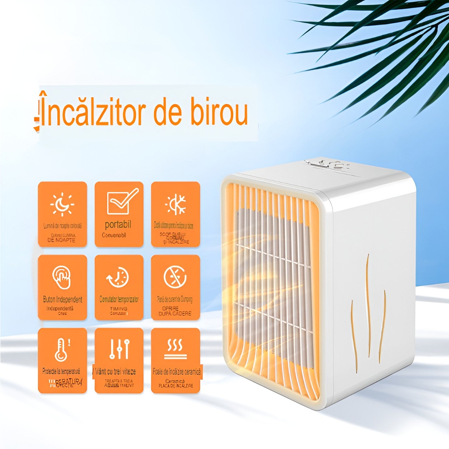 Mini Incalzitor pentru Birou, Smart, Incalzire si Racire, 1000-1200W, cu Lumini, cu Maner, Lungime Cablu 1.5 m, 3 Trepte de Temperatura, 15.3x13.8x22.5 cm, Alb