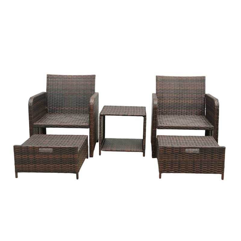 Set mobilier gradina, 2 fotolii si 2 tabureti otoman, masuta cafea, perne incluse, maro
