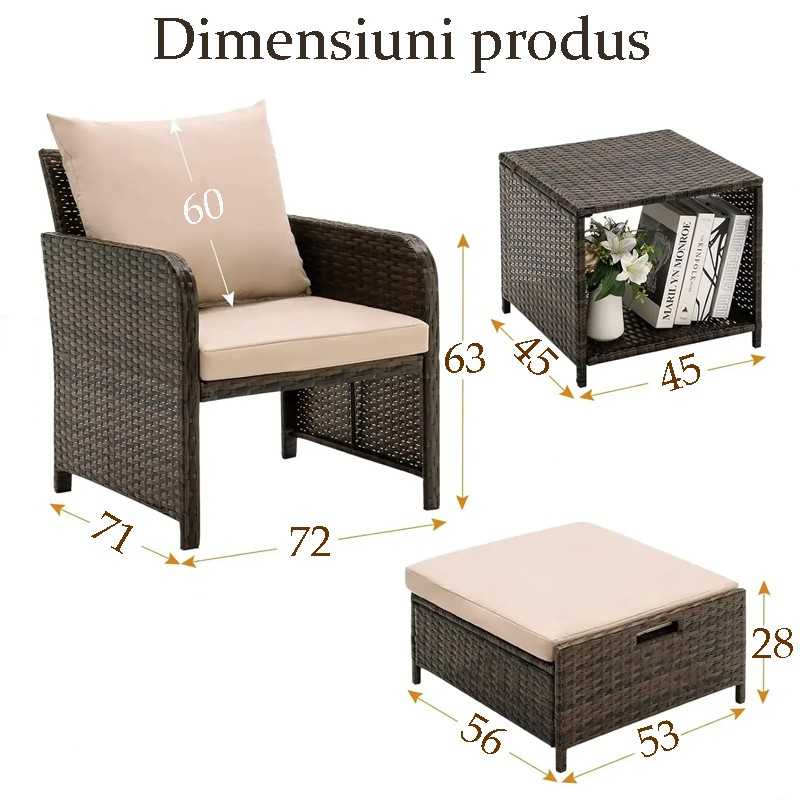 Set mobilier gradina, 2 fotolii si 2 tabureti otoman, masuta cafea, perne incluse, maro
