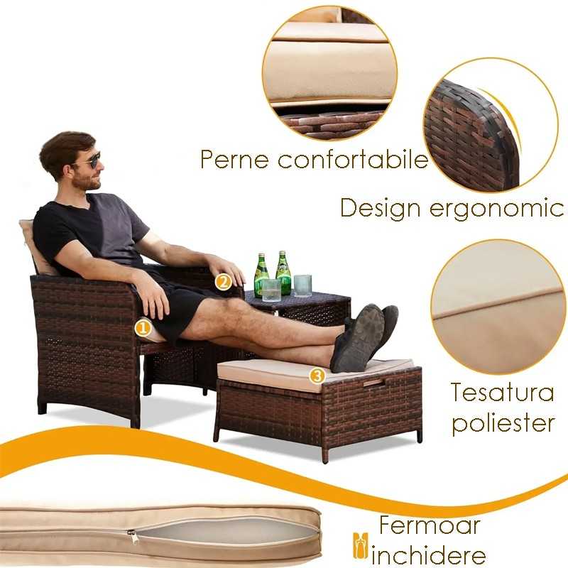 Set mobilier gradina, 2 fotolii si 2 tabureti otoman, masuta cafea, perne incluse, maro