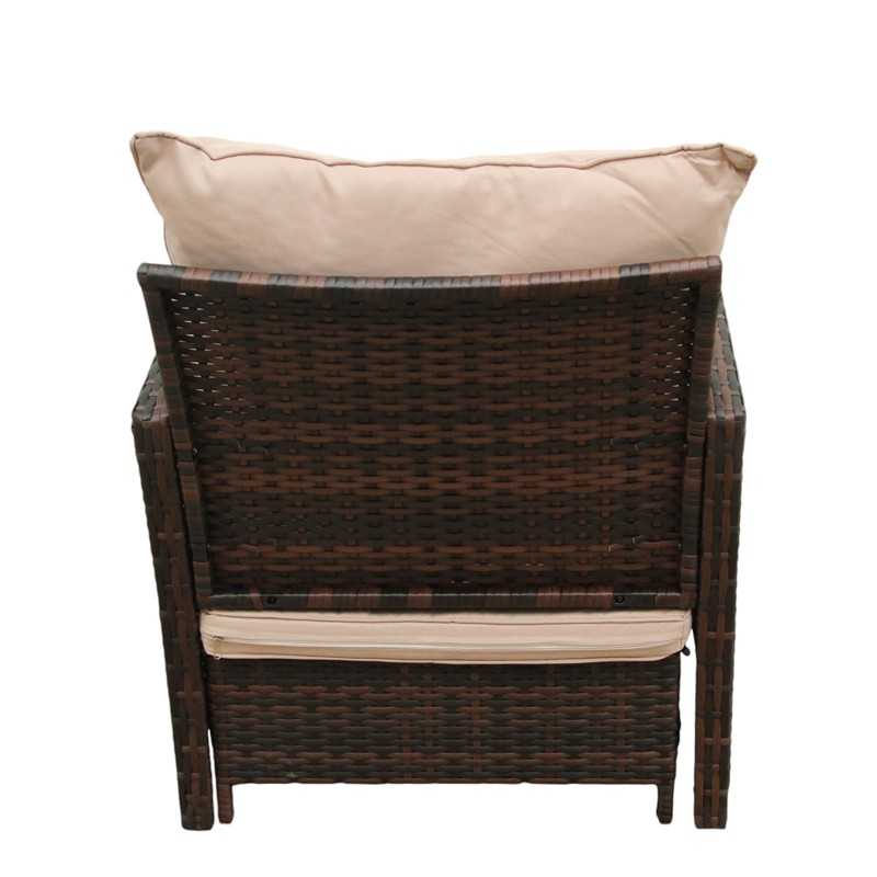 Set mobilier gradina, 2 fotolii si 2 tabureti otoman, masuta cafea, perne incluse, maro