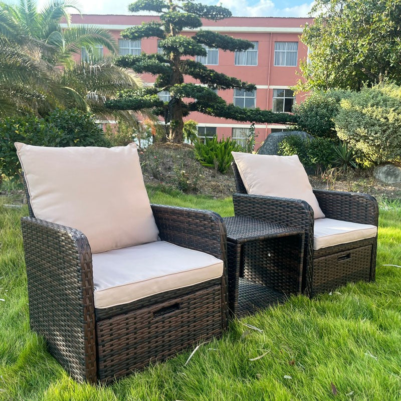 Set mobilier gradina, 2 fotolii si 2 tabureti otoman, masuta cafea, perne incluse, maro