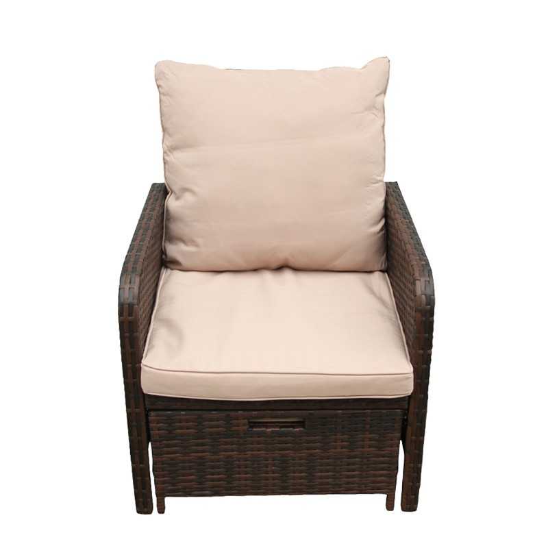 Set mobilier gradina, 2 fotolii si 2 tabureti otoman, masuta cafea, perne incluse, maro