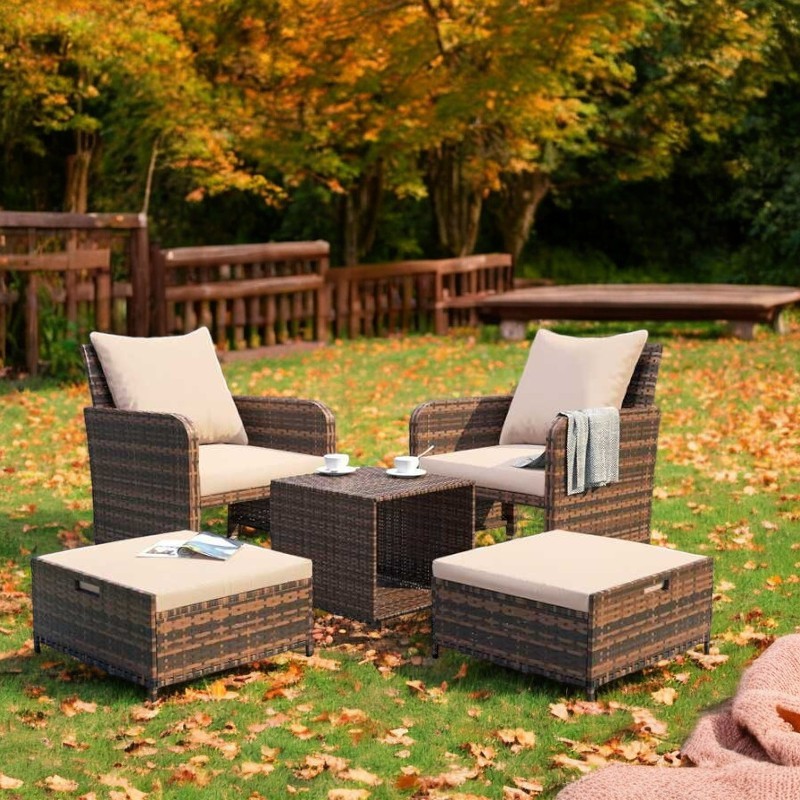 Set mobilier gradina, 2 fotolii si 2 tabureti otoman, masuta cafea, perne incluse, maro