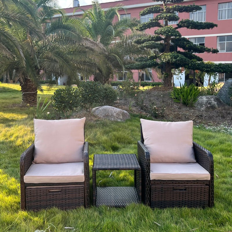 Set mobilier gradina, 2 fotolii si 2 tabureti otoman, masuta cafea, perne incluse, maro