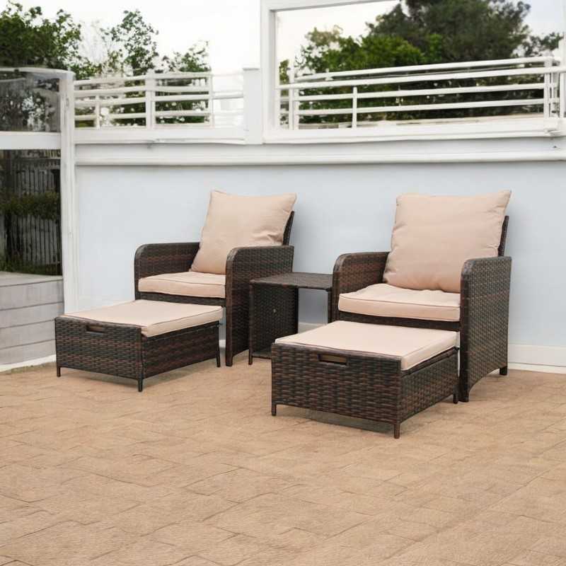 Set mobilier gradina, 2 fotolii si 2 tabureti otoman, masuta cafea, perne incluse, maro