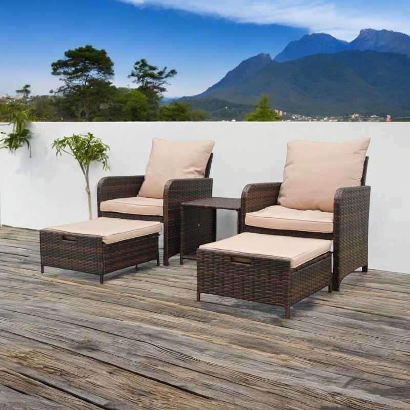 Set mobilier gradina, 2 fotolii si 2 tabureti otoman, masuta cafea, perne incluse, maro