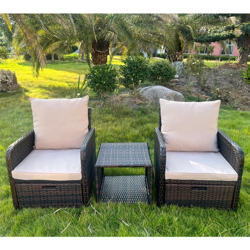 Set mobilier gradina, 2 fotolii si 2 tabureti otoman, masuta cafea, perne incluse, maro