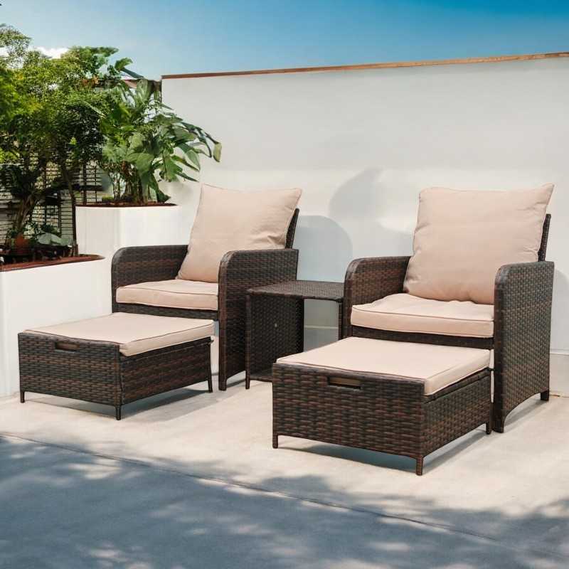 Set mobilier gradina, 2 fotolii si 2 tabureti otoman, masuta cafea, perne incluse, maro