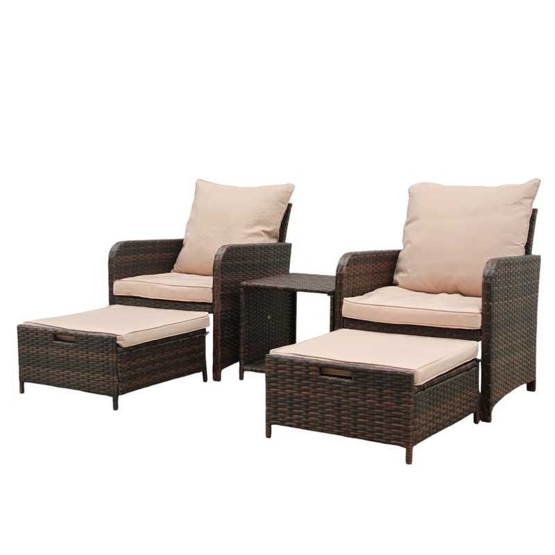 Set mobilier gradina, 2 fotolii si 2 tabureti otoman, masuta cafea, perne incluse, maro