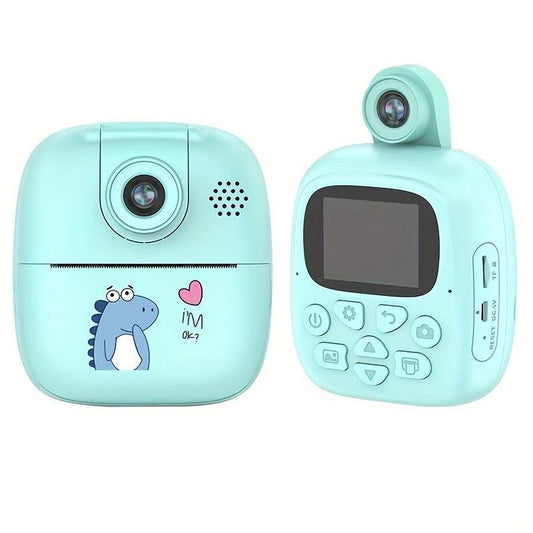 Set Camera Instantanee pentru Copii, Smart, Camera 180° Selfie, Ecran HD 2'', 24MP, 720P Video, 1200 mAh, cu Functie de Printare Alb-Negru, cablu USB-C, Bluetooth, Compatibil iOS/Android, Imprimare APP, Model Dino, Turcoaz