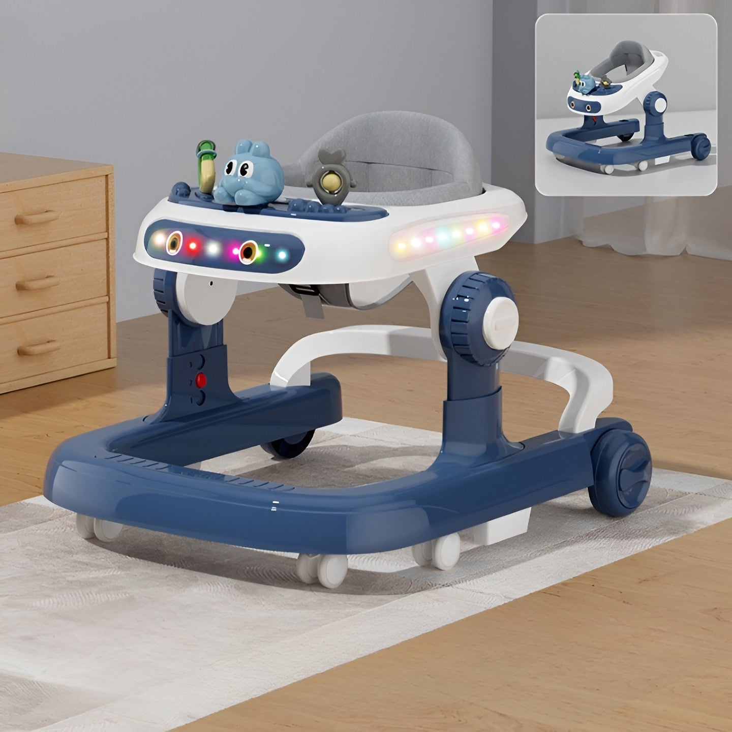 Premergator Multifunctional cu Roti Smart, Model Iepuras, Inaltime Ajustabila, Tavita, Muzica, Lumini, 66x59x41 cm, Albastru