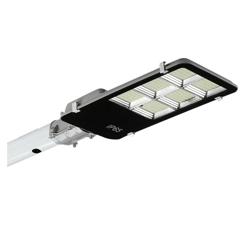 Lampa solara stradala Smart, IP65, senzor de lumina, 100 LED-uri SMD, 7200 lm, panou 12W, putere 80W, autonomie 12-16 ore, telecomanda, montare prin fixare, pentru strada sau gradina, finisaj lucios, material ABS, 38.6 x 13.3 x 6.5 cm, alb rece