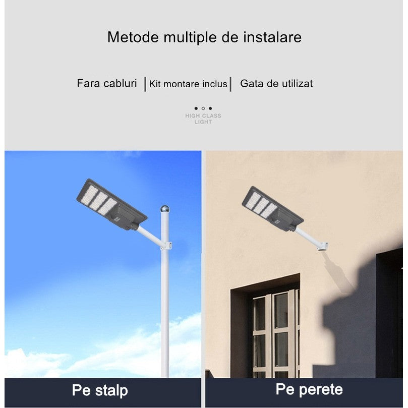 Lampa solara stradala Smart, IP65, senzor de lumina, 306 LED-uri SMD, 3000 lm, panou 40W, putere 300W, autonomie 12-16 ore, telecomanda, montare prin fixare, pentru strada sau gradina, finisaj mat, material ABS,  70.3 x 36.5 x8.7 cm, lumina alb rece, gri