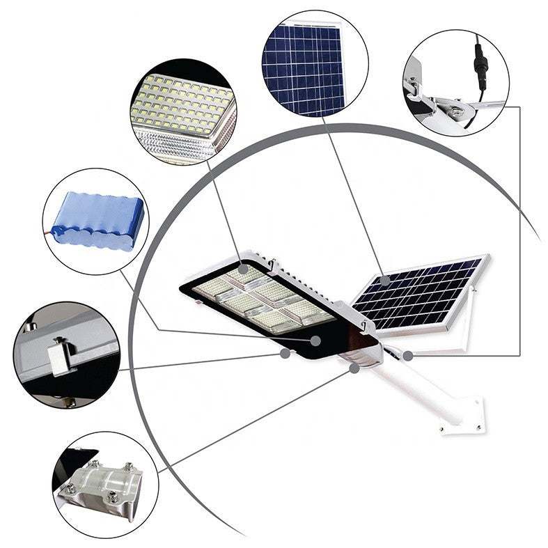 Lampa solara stradala Smart, IP65, senzor de lumina, 100 LED-uri SMD, 7200 lm, panou 12W, putere 80W, autonomie 12-16 ore, telecomanda, montare prin fixare, pentru strada sau gradina, finisaj lucios, material ABS, 38.6 x 13.3 x 6.5 cm, alb rece