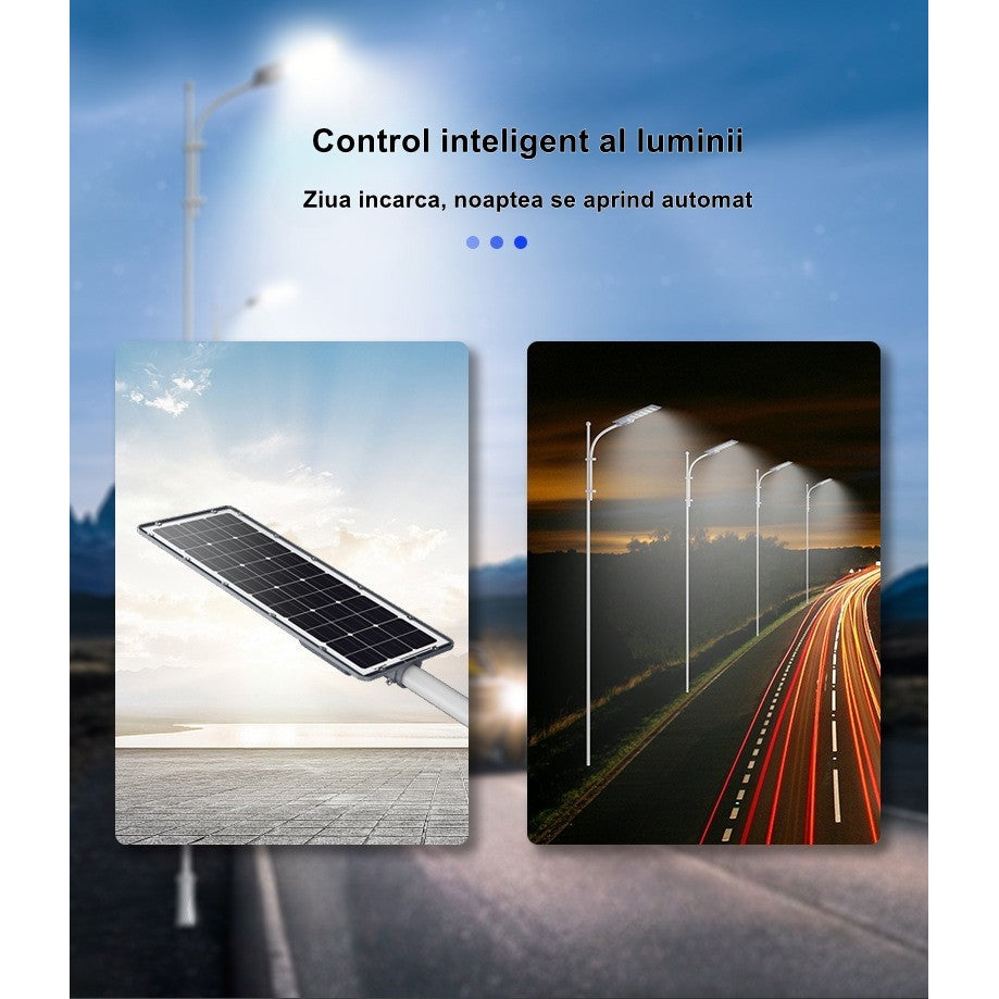 Lampa solara stradala Smart, IP65, senzor de lumina, 306 LED-uri SMD, 3000 lm, panou 40W, putere 300W, autonomie 12-16 ore, telecomanda, montare prin fixare, pentru strada sau gradina, finisaj mat, material ABS,  70.3 x 36.5 x8.7 cm, lumina alb rece, gri