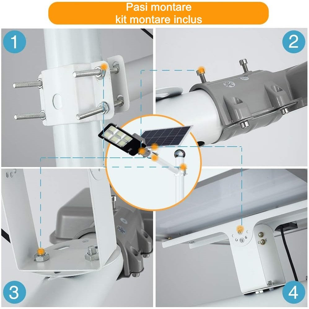 Lampa solara stradala Smart, IP65, senzor de lumina, 100 LED-uri SMD, 7200 lm, panou 12W, putere 80W, autonomie 12-16 ore, telecomanda, montare prin fixare, pentru strada sau gradina, finisaj lucios, material ABS, 38.6 x 13.3 x 6.5 cm, alb rece