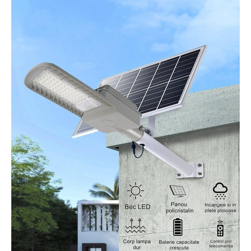 Lampa solara pentru strada sau gradina Smart, IP65, senzor de lumina, 100 LED-uri SMD, 3150 lm, 500W autonomie 12-16 ore, telecomanda, montare prin fixare, pentru strada sau gradina, finisaj mat, material ABS, 51.5 x 21 x 7.5, lumina alb rece, gri
