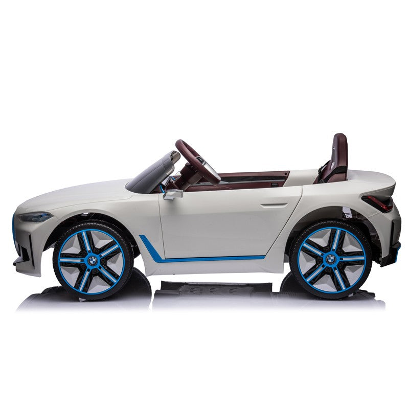 Masinuta electrica BMW I4, 2X25W, Bluetooth, MP3, lumini LED fata-spate, suspensii, roti spuma EVA, scaun maro