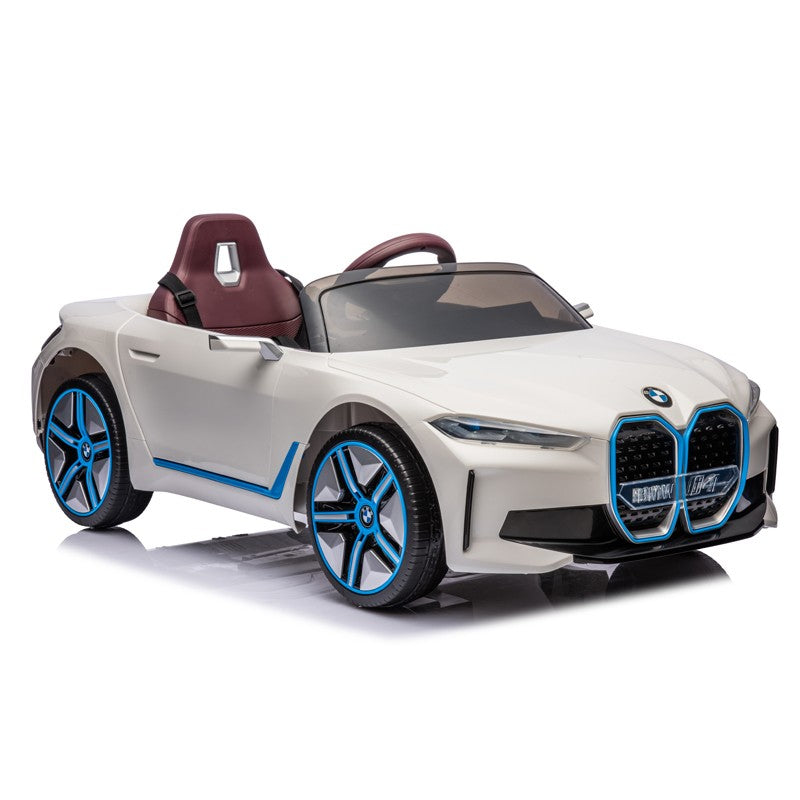 Masinuta electrica BMW I4, 2X25W, Bluetooth, MP3, lumini LED fata-spate, suspensii, roti spuma EVA, scaun maro