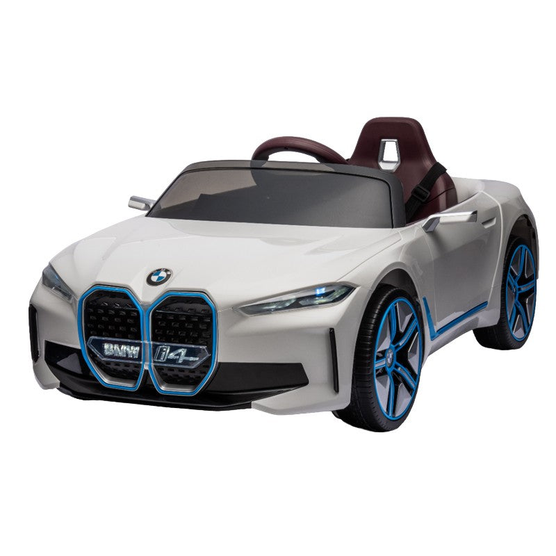 Masinuta electrica BMW I4, 2X25W, Bluetooth, MP3, lumini LED fata-spate, suspensii, roti spuma EVA, scaun maro