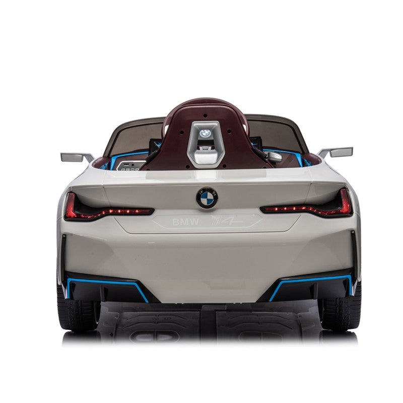 Masinuta electrica BMW I4, 2X25W, Bluetooth, MP3, lumini LED fata-spate, suspensii, roti spuma EVA, scaun maro
