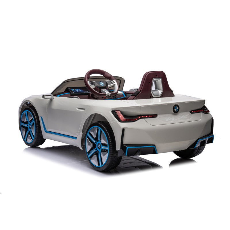 Masinuta electrica BMW I4, 2X25W, Bluetooth, MP3, lumini LED fata-spate, suspensii, roti spuma EVA, scaun maro