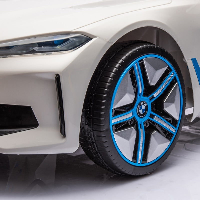 Masinuta electrica BMW I4, 2X25W, Bluetooth, MP3, lumini LED fata-spate, suspensii, roti spuma EVA, scaun maro